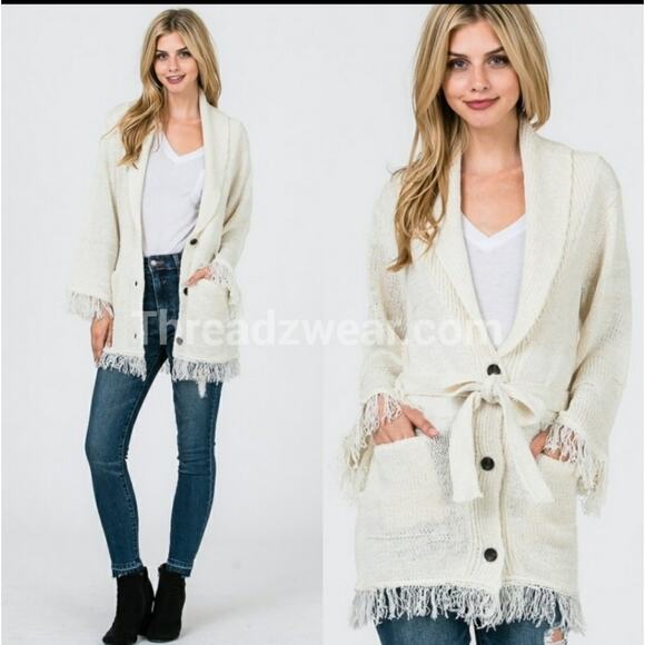 Uniq belted fringed cardigan cream medium large - Picture 1 of 9